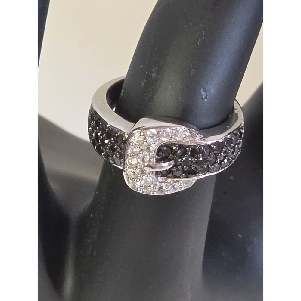 Beautiful Belt Shape Silver Ring with Black & Clear Stones Size 6 Band